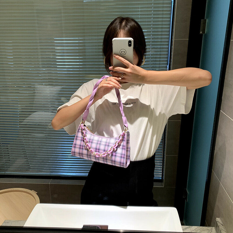 Fashion Plaid PU Women Handbag Totes Chain Underarm Shoulder Bags (Purple)