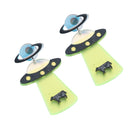 Luxury Fluorescent Green Alien and UFO Stud Earrings Cute Drop Jewelry