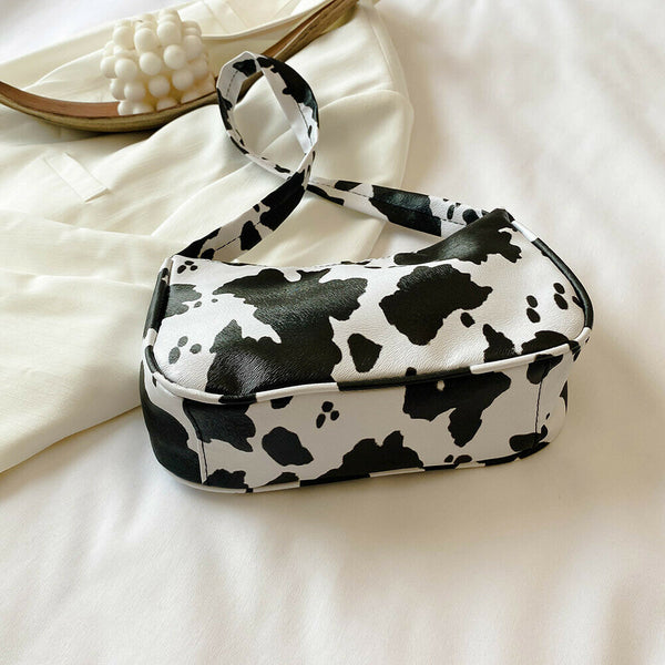 Cow Dot Printed Handbag Women PU Totes Small Underarm Shoulder Bag (White)