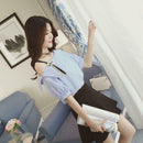 Short Sleeve Hollow Off Shoulder Strapless Stripe Cute Women Tops (Blue XL)