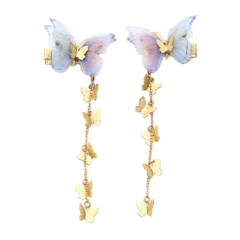 2pcs Womens Dangle Tassel Beads Hair Clip Chiffon Butterfly Hair Accessories