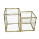 Clear Glass Makeup Brush Holder Organizer Storage Case Box 2 Slot Golden Frame