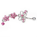 Pink Crystal Flower Dangle Navel Belly Ring Bar Piercing Jewelry