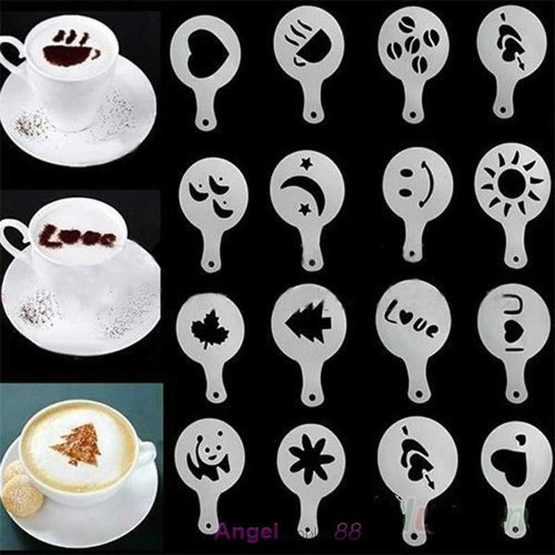 16 Coffee Machine Barista Stencils Template Strew Flowers Pad Duster Spray