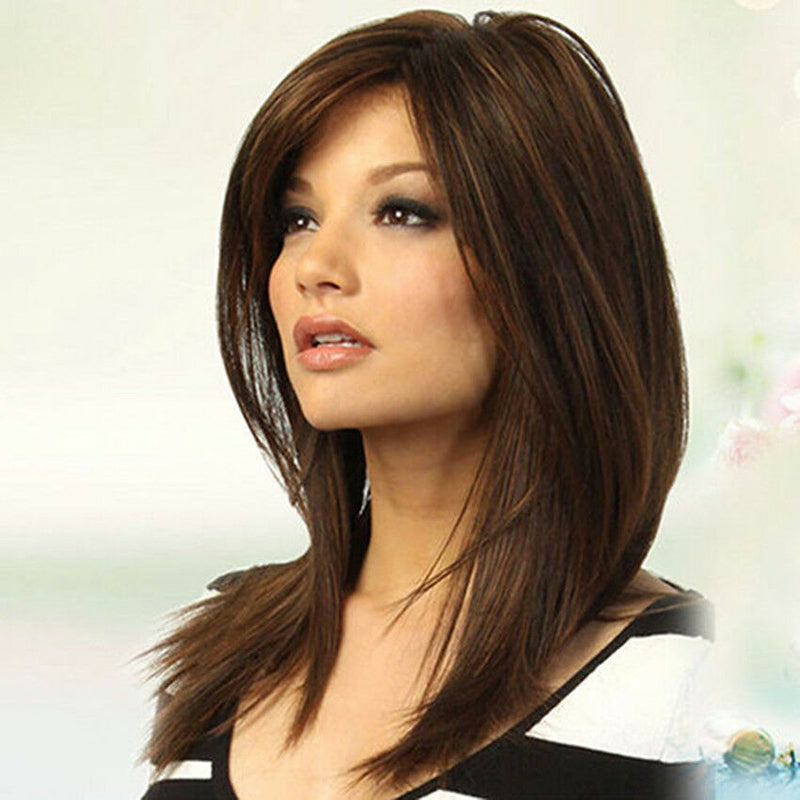 Women Synthetic Hair Wig Medium Straight Wig Party Middle Part Natural Bangs Wig