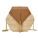 Hex-shape Straw+PU Shoulder Handbags Beach Women Top-handle Bags (Brown) A