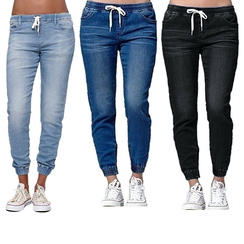 Women Casual Jogger Pants Drawstring Elastic Waisted Jeans Solid Ladies Den V1F6