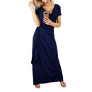 Short Sleeve Women Dress V-neck Binding Women Maxi Dresses (Dark Blue L) A