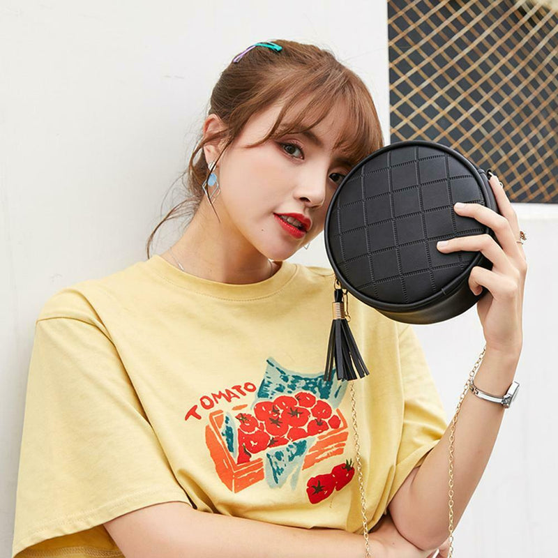 Pure Color Plaid Shoulder Handbags Women Round Tassel Crossbody Bag (Black)
