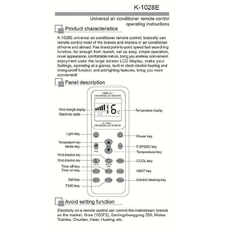 Universal Wireless K-1028E AC Digital LCD Remote Control for Air Conditioner BX
