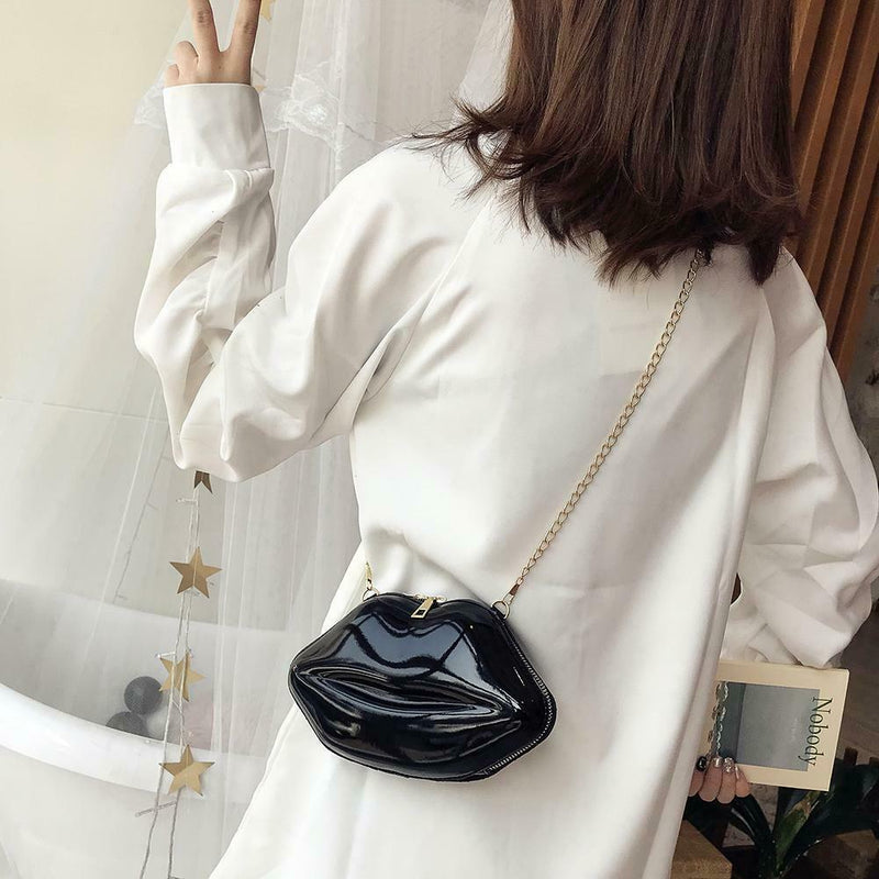 Lips Women PVC Handbags Chain Messenger Bags Shoulder Party Clutch (Black)