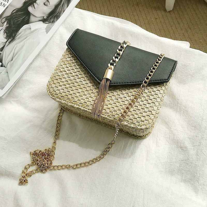 Straw Leather Women Messenger Bag Small Flap Purse Shoulder Handbag (Black)