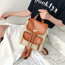 Leather Woven Backpacks Women Tassel Flap Schoolbags Knapsack (Light Brown) A
