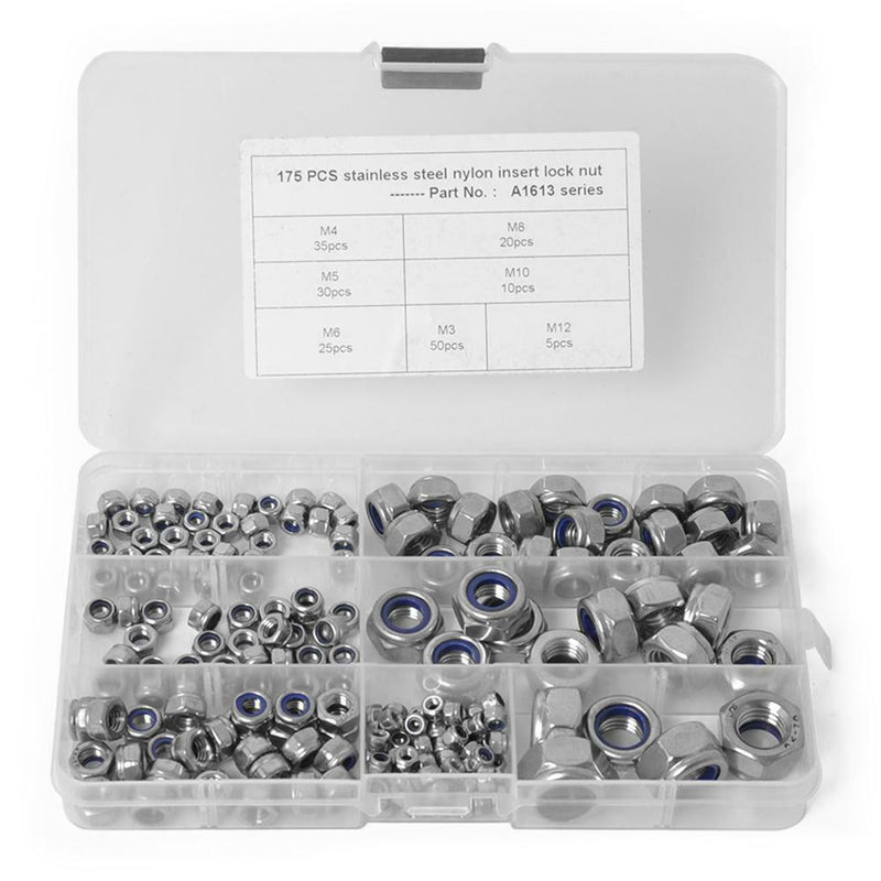 175pcs 304 Stainless Steel Hexagon Lock Nuts Nylon Insert Self Locking Nuts