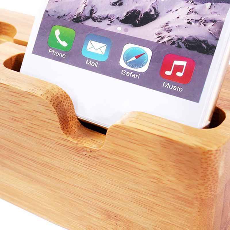 Cell Phone Charger Dock with Watch Bamboo Holder Desk Charging Stand B8C1
