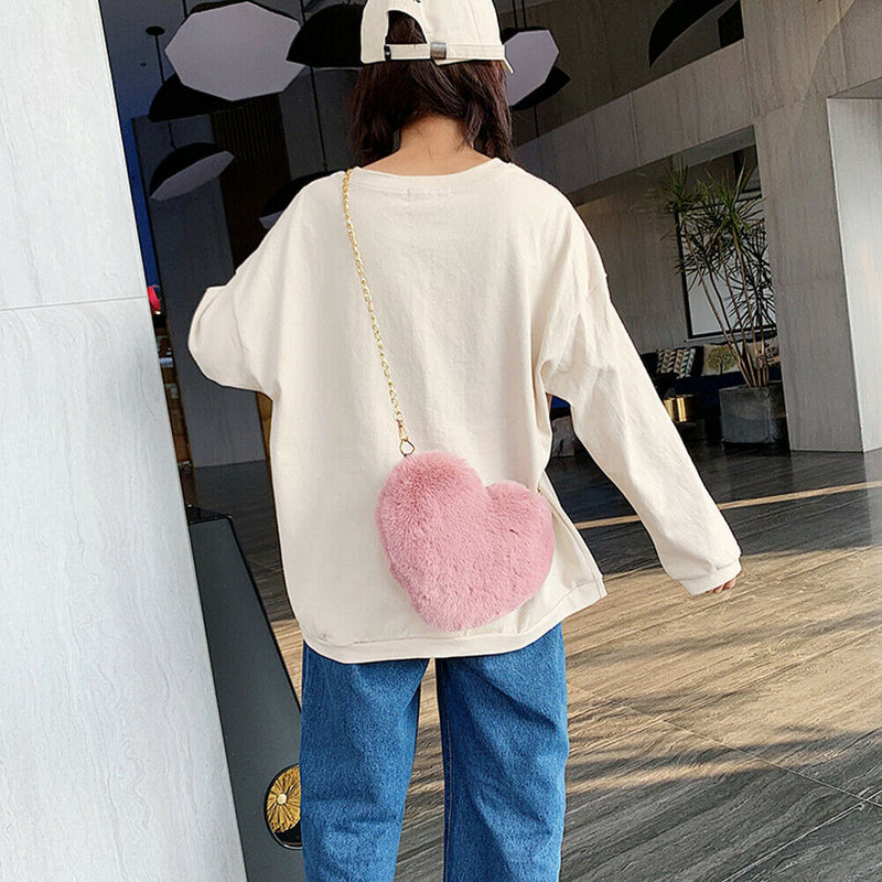 Heart Shape Messenger Bag Women Girl Plush Chain Shoulder Handbag (Bean)