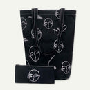 2pcs/set Canvas Pen Bag Print Shoulder Bucket Bags Women Black Clutch Handbag