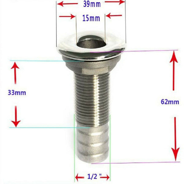 1/2" Inch Thru Hull Bilge Pump and Aerator Hose Fitting for Boats Steel .