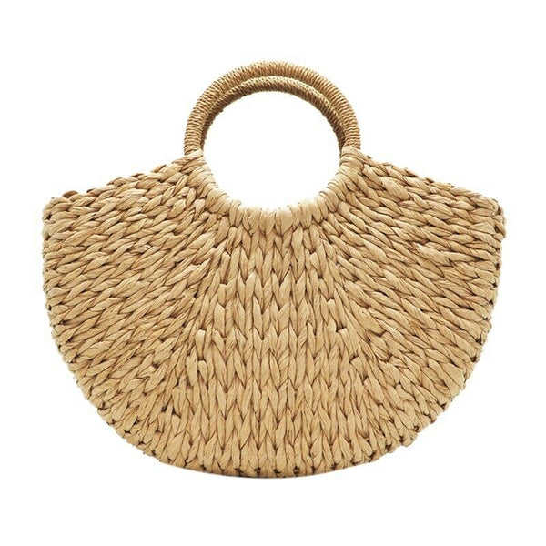 Handmade Beach Bag Round Straw Totes Bag Large Bucket Summer Bags Women Nat F2J7
