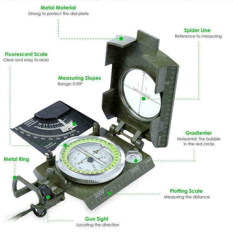 1* Professional Military Pocket Metal Sighting Compass Clinometer Camping H R4V8