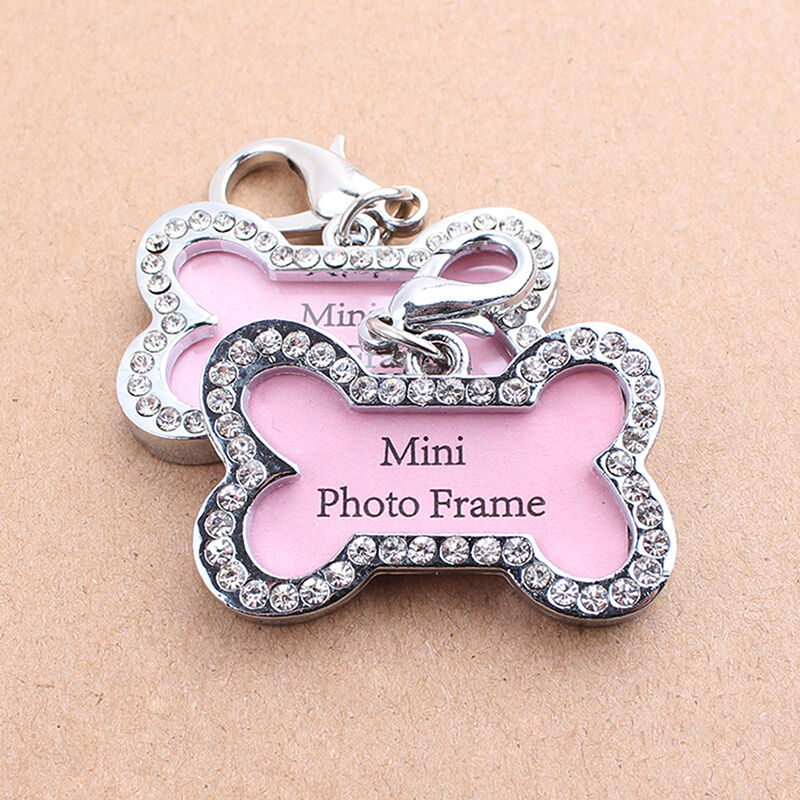 Dog Cat Kitten Puppy Rhinestone ID Name Tag Disc Bone Shape Pet Identity Tag #