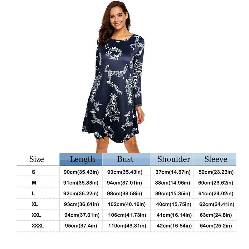 Christmas Floral Long Sleeve A-line Dress O-neck Retro Women Dresses (S)