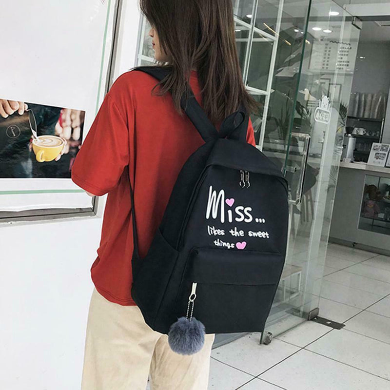 4pcs/set Letter Print Canvas Women Totes Pen Bags Clutch Backpacks (Black)