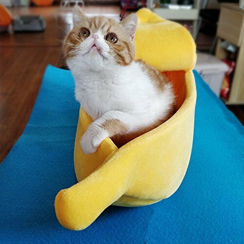 Cute Pet Dog Cat Bed Banana Shape Fluffy Warm Soft Plush Home Bed (S) E7P7