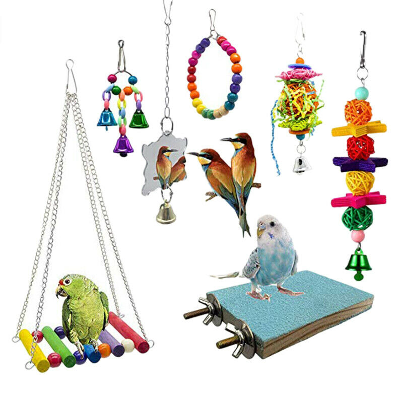 7 Pcs Set Bird Swing Chewing Toys Parrot Hammock Bell Toys Suitable for Sma