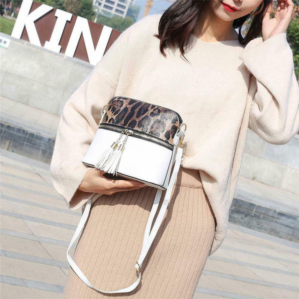 Leopard Hit Color Messenger Bag Women PU Leather Shoulder Handbag (White)