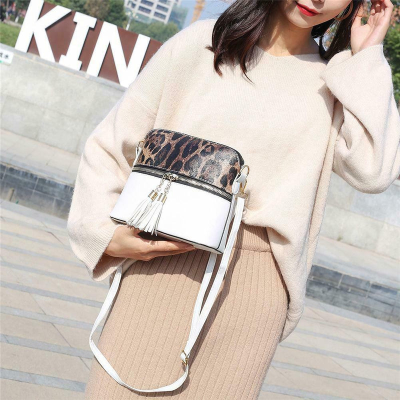 Leopard Hit Color Messenger Bag Women PU Leather Shoulder Handbag (White)