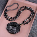 Natural Obsidian Hand Carved Chinese Taiji-Bagua Lucky Amulet Pendant Necklace