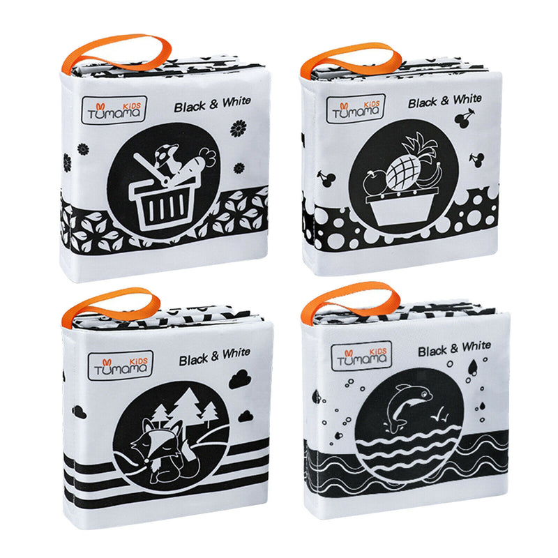 4 PCS Soft Fabric Baby Cloth Activity Black and White Books with Rustle Sound