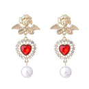Red Hearts Imitation Pearls Fairy Flying Angel Drop Earrings Dangle Pendant