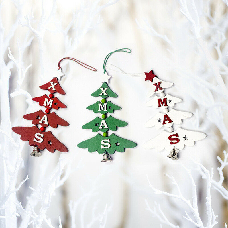 1 Set 3Pcs Christmas Tree Decorations Wooden Letter Bell Ornaments Christma Z4E3