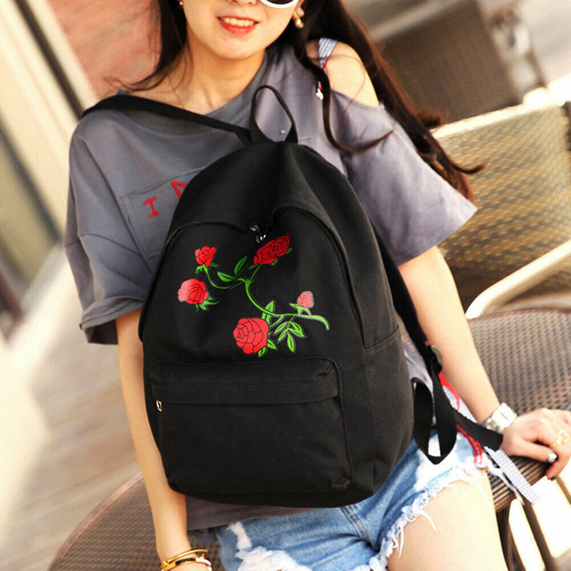Preppy Chic Women Canvas Flower Embroidery Large Capacity Backpack(Black)