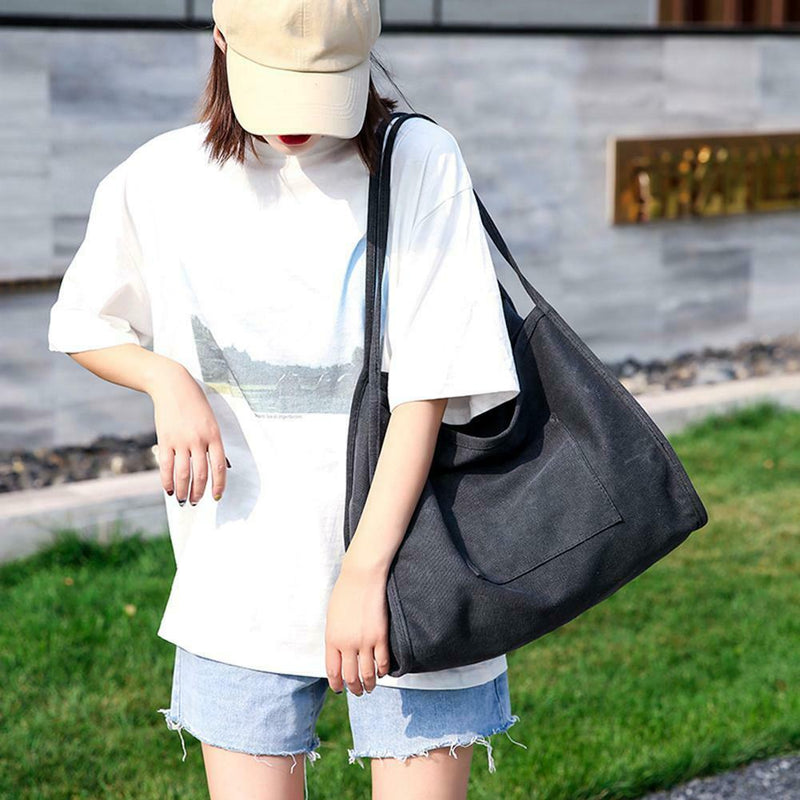 Solid Color Shoulder Handbags Canvas Women Large Top-handle Bags (Black) A