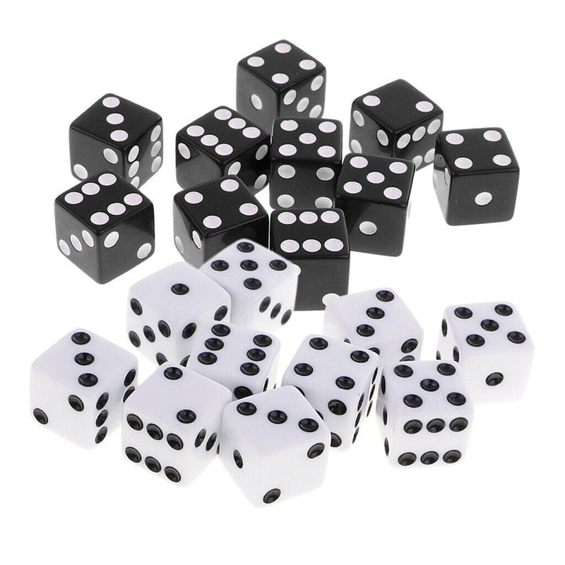 Pack of 20 Black+White Square 6 Sided Dices Die 0.62inch for Party Casino Table