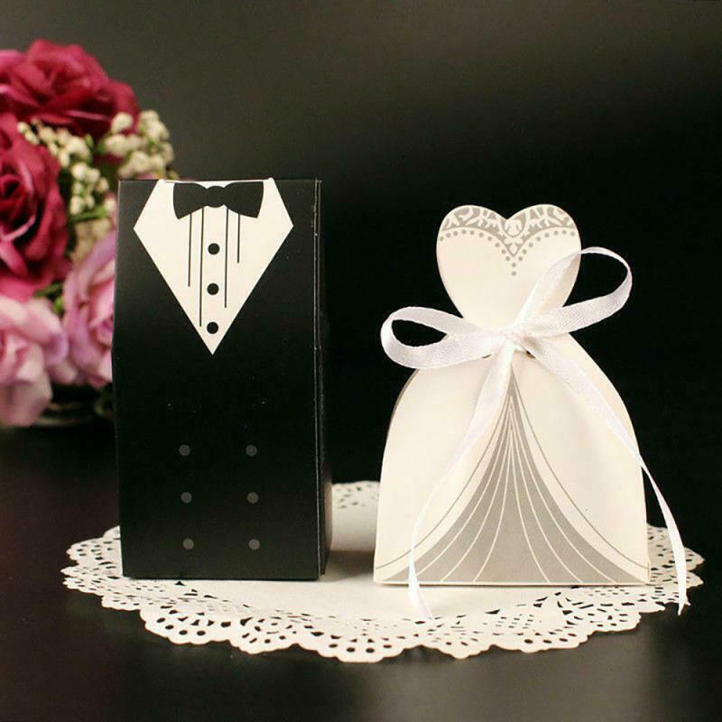 100pcs Bride and Groom Dress Candy Box Tuxedo Ribbon Party Wedding Favors IEM