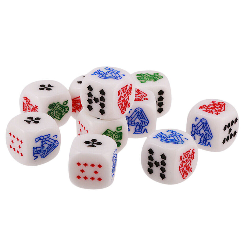 10 Pieces 12mm/0.47inch Acrylic 6-Sided Poker Dice With Symbols A K Q J 10 9