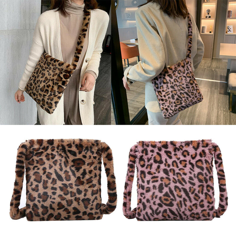 2x Plush Leopard Print Shoulder Bag for