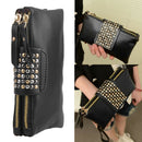Women PU Leather Fashion Black Rivet Handbag Clutch Bag Zipper Long Wallet
