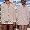 Long Sleeve Blouse Women Turn Down Collar Plain Cardigan Tops (Khaki XL) A