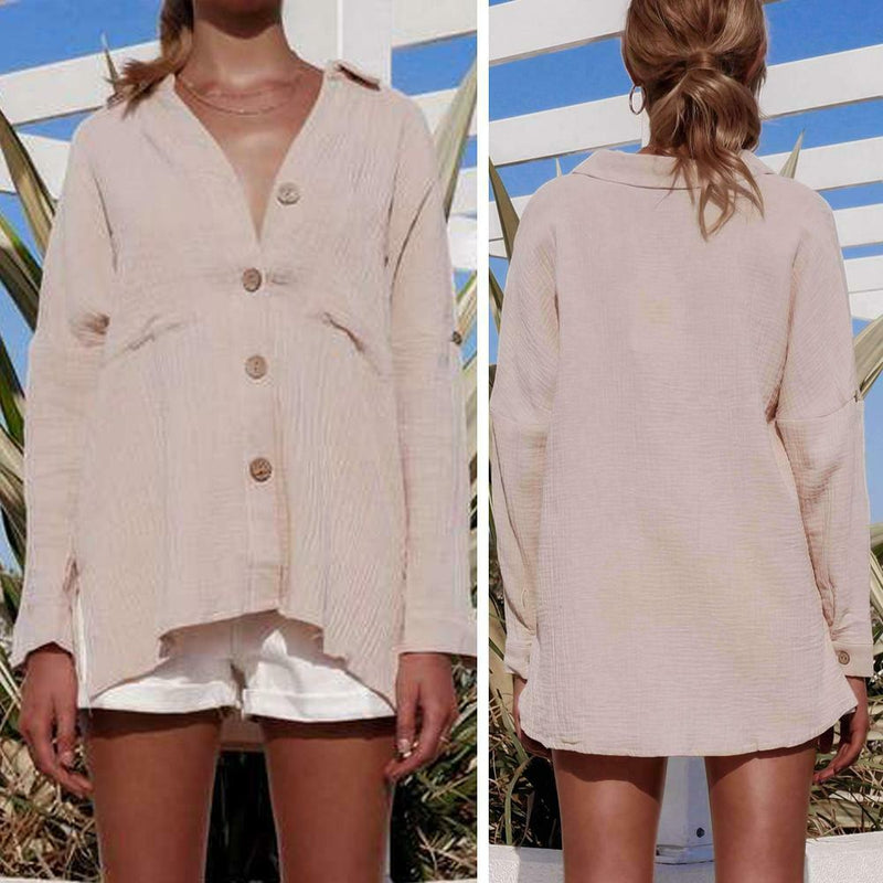 Long Sleeve Blouse Women Turn Down Collar Plain Cardigan Tops (Khaki XL) A