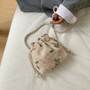 Straw Woven Bag Women Lace Embroidery Drawstring Shoulder Pouch (White)