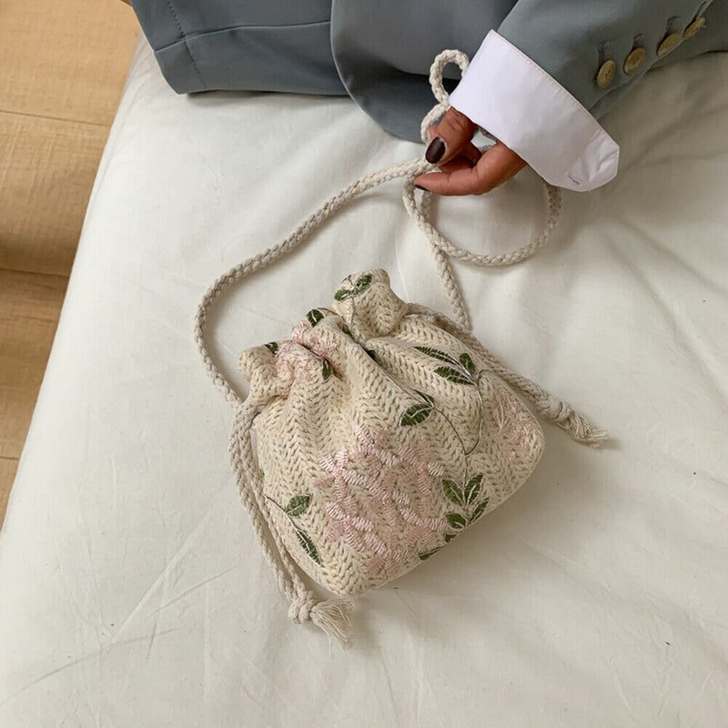 Straw Woven Bag Women Lace Embroidery Drawstring Shoulder Pouch (White)