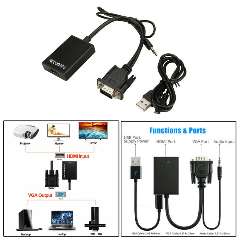 1080P VGA Male To HDMI Output Convert Adapter HD+ Audio TV AV HDTV Video JZP