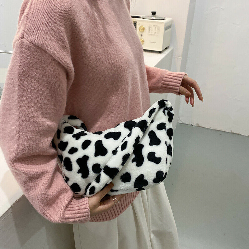 Casual Cow Printed Handbag Women Shoulder Crossbody Bag Plush Dumpling Tote