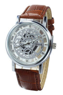 (Brown Strap & White Dial) Men's Faux Leather Band Wrist Skeleton Watch