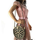 Women Handmade Round Rattan Woven Shoulder Bag Tote Circle Bohemia Straw Kn